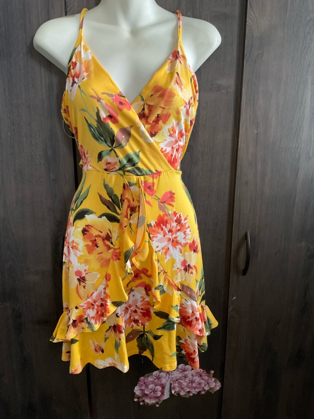 Yellow Floral Wrap Mini Dress with Ruffle Hem